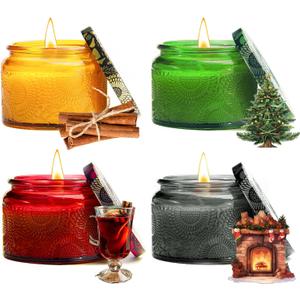 Azulfra Christmas Scented Candles Gift Set - Holiday Soy Wax Candles with Festive Scents - Christmas Tree, Fireplace, Cinnamon, Mulled Wine - Great Gifts for Women, Home Decor, 4 Pack