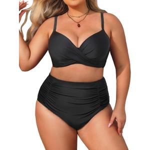 Aqua Eve Women Plus Size Underwire Bikini Two Piece Swimsuit High Waisted Tummy Control Bathing Suit (Black) 20W