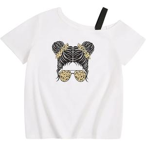 SHENHE Girl's Summer Graphic Tee Cut Out Shoulder Short Sleeve Asymmetrical Tshirt Top White 11Y