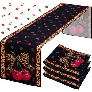 3 Pcs Cheetah and Cherry Linen Table Runner 13" x 72" Red and Black Leopard Print Tablecloth Red Lips Reusable Table Cover for Birthday Baby Shower Bridal Shower Wedding Party Favors