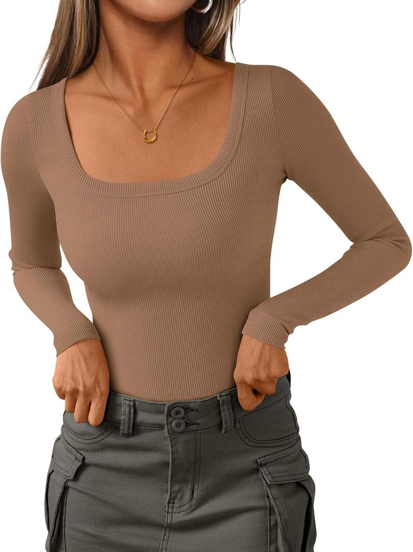 PRETTYGARDEN Square Neck Long Sleeve Shirts for Women | Soft Stretchy Ribbed Knit Basic Tees,Business Casual Work Tops,Layering Undershirt,Trendy Going Out Fall Outfits 2026 (Brown)