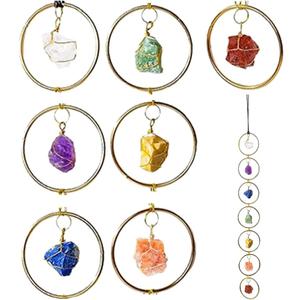 Crystal Wall Decor 7 Chakra Stones Hanging Ornament Raw Gemstone Pendant Decorative Spiritual Home Decor with Gift Box for Meditation (Gold)