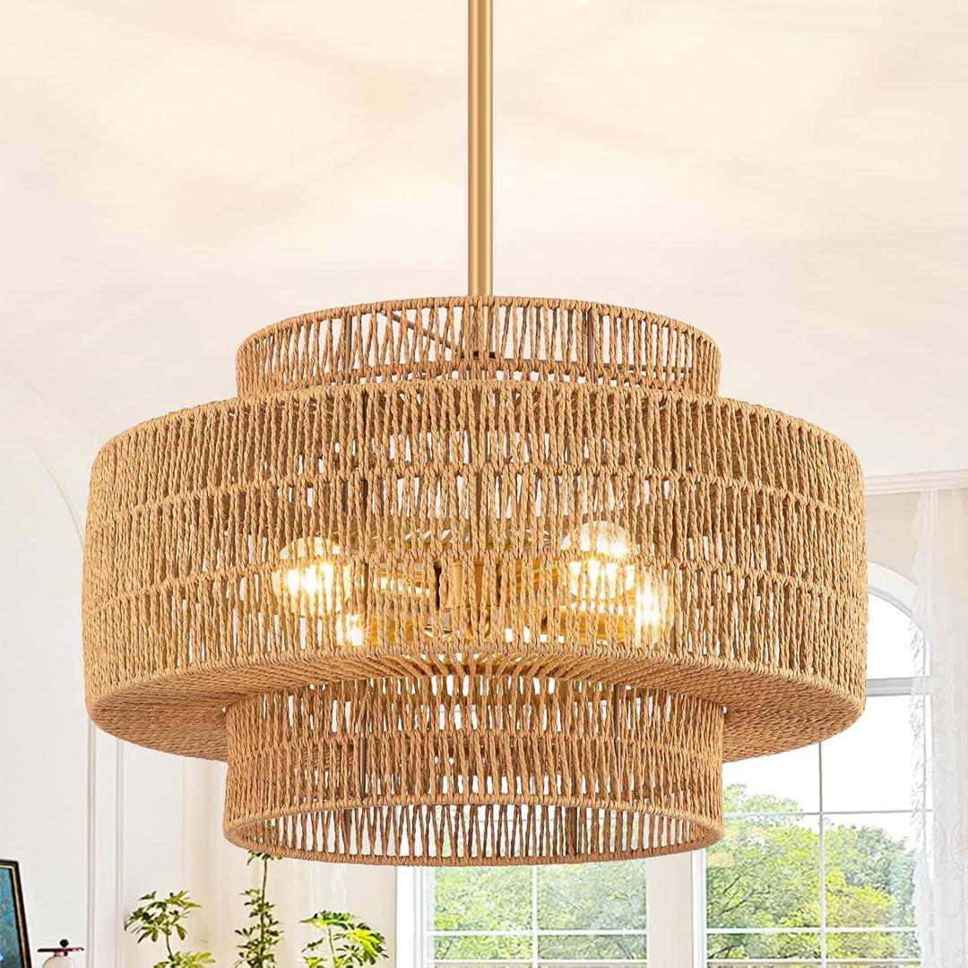 Large Boho Chandeliers for Dining Room, 4-Light Rattan Hand-Woven Rustic Chandelier Light Fixtures, 17.7" Farmhouse Hanging Pendant Lighting for Kitchen Island, Bedroom, Living Room