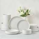 E-far 16 Piece Dinnerware Sets, Plates and Bowls with Pasta Bowls Service for 4, Modern Stoneware Ribbed Dishes for Kitchen Dining, Microwave & Dishwasher Safe, Speckled White