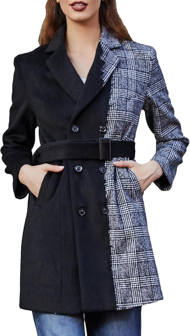 S·DEER Womens Coat with Plaid Patch Style, Wool Blend Winter Coat, Mid-Length Belted Notched Lapel Collar Coat, Size S