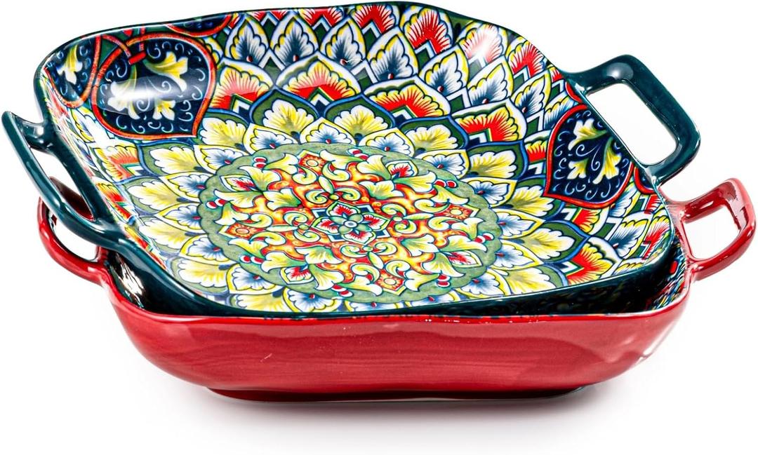 Besmeety Square Pasta Bowls with Handle, Boho Salad Serving Bowls Set of 2, Ceramic 7.09" Pasta Plates for Housewarming Present, Party (Green+Red)