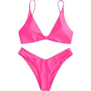 ZAFUL Women's Tie Knot Front Spaghetti Strap High Cut Bikini Set Swimsuit (Medium, 1- Neon Pink)