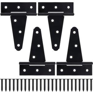 4 Inch T-Strap Gate Hinges, Shed Barn Door Hinges Heavy Duty, Black Tee Hinges for Wooden Fences, Yard Gate, Wrought Hardware Iron Rustproof (4 Pack/Set)