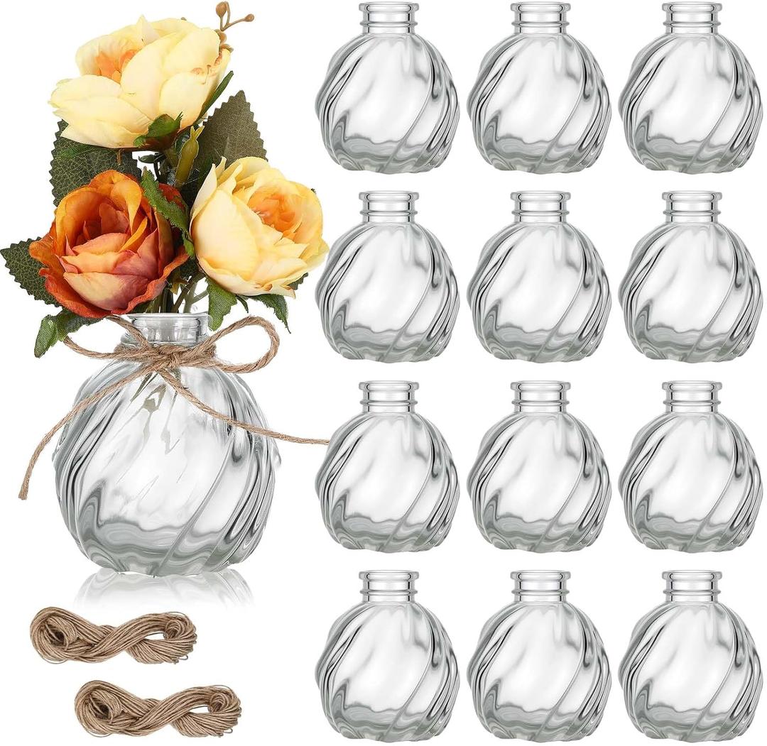Baderke 12 Pcs 3 Inch Small Bud Vases for Flowers Small Glass Vases Bulk with 24 Pcs Jute Strings, Mini Clear Glass Bottles for Wedding Party Centerpieces Table Decor Home Floral Arrangements(Round)