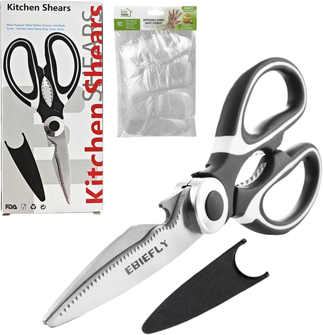Heavy Duty Kitchen Utility Scissors Professional Shears for Meat Cutting Sharp Kitchenaid Shears Multipurpose Scissor for Food No Rust + 100 Pcs Plastic Gloves Disposable