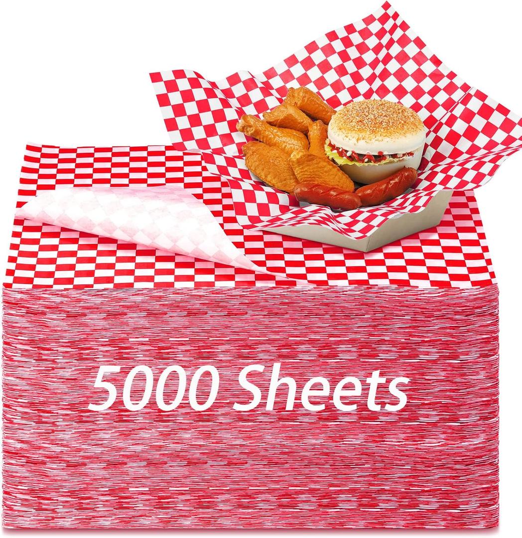 Sieral 5000 Sheets Sandwich Wrap Sheet 12 x 12 Inch Wax Paper Bulk Fast Food Basket Liners Disposable Parchment Paper Grease Resistant for Party Restaurant Wrapping(Red, White)