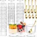 DI QIU REN 120 Pcs 5oz Dessert Cups with Golden Spoon, Plastic Dessert Parfait Cup Clear Appetizer Pudding Cup, Round Serving Goblet Cups Shot Glasse (Round Goblet-60Pack)