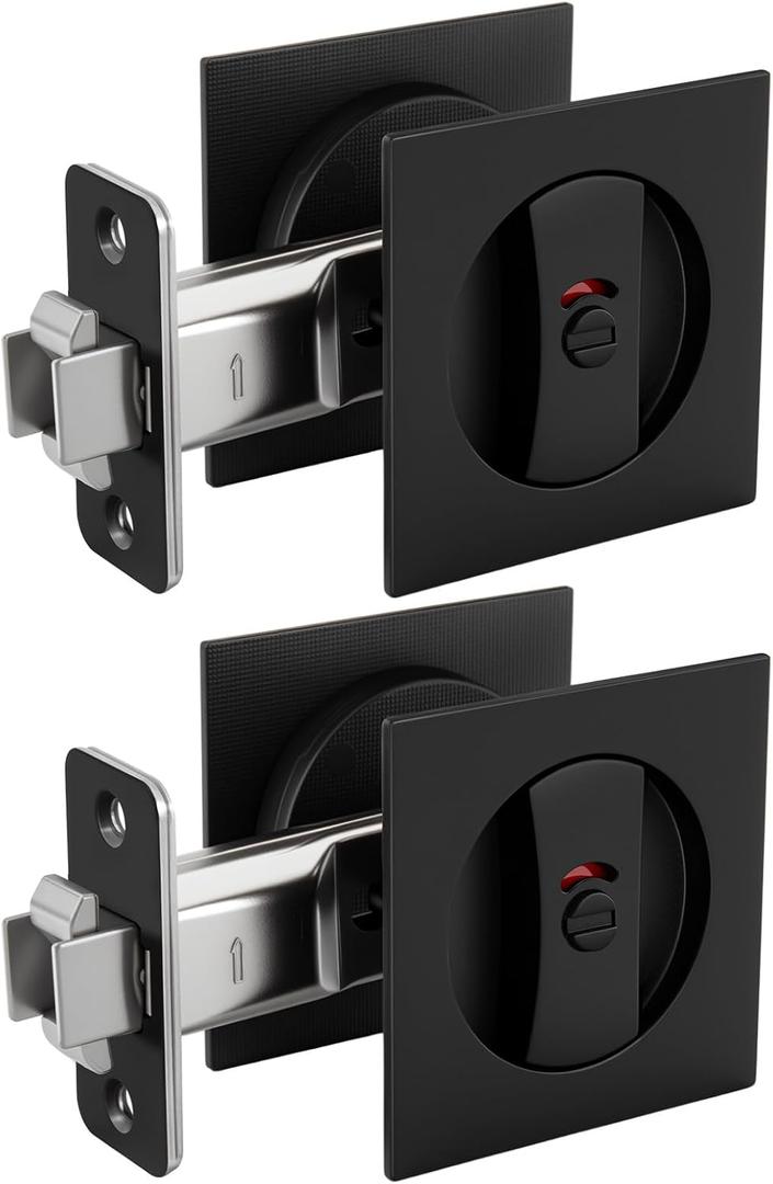 goldenwarm Matte Black Square Pocket Door Lock with Indicator, Pocket Door Hardware for 2-1/8'' Round Bore Hole, Pocket Door Handles Fit 1-1/4'' to 2'' Thickness Sliding Door 2-3/8'' Latch 2 Pack