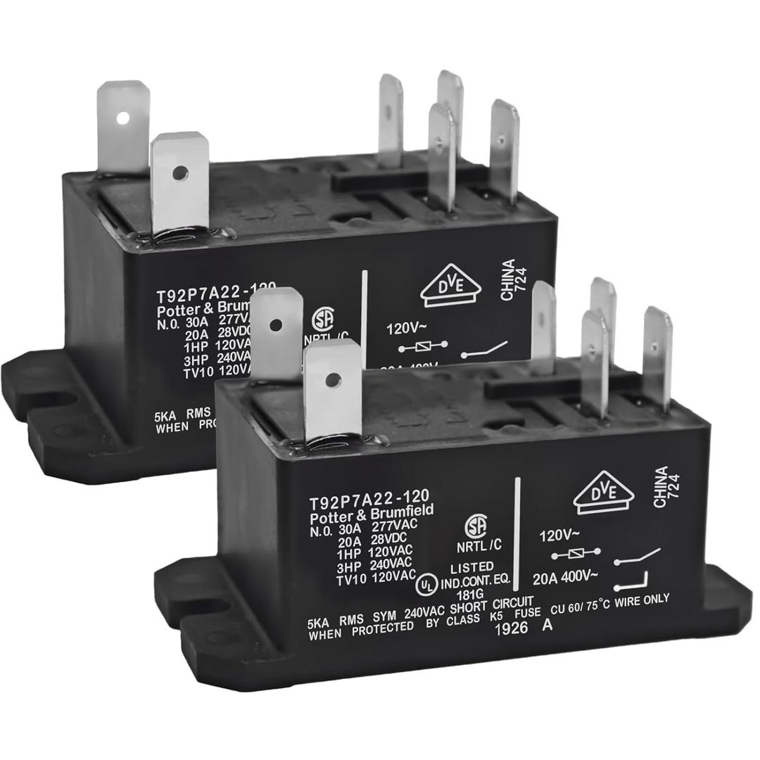 T92P7A22-120 Power Relay (Pack of 2), DPST-NO (2 Form A) - 120VAC, 30A 6-Pins General Purpose Relay Replace Part 10459304