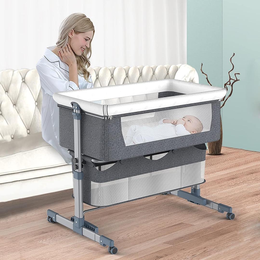 3 in 1 Baby Bassinets Bedside Sleeper with Wheels, rocking bassinet for baby, Babies Bed Side Crib,with Mattress and Mosquito Nets, Travel Bag, Portable Travel Crib for Girl Boy Infant Newborn ( Color (Dark Gray)