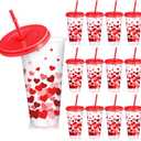 12 Pcs Valentine's Day Love Heart Plastic Cups with Lids and Straws 24 oz Reusable Valentines Tumbler Drinking Coffee Cup for Women Birthday Wedding Bridal Shower Party Supplies