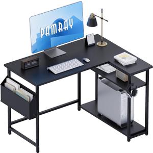 Pamray 40 Inch L Shaped Computer Desk with Reversible Side Storage Shelves, Small Corner Desk for Small Space Home Office, Writing Study Table PC Desk for Bedroom, Black