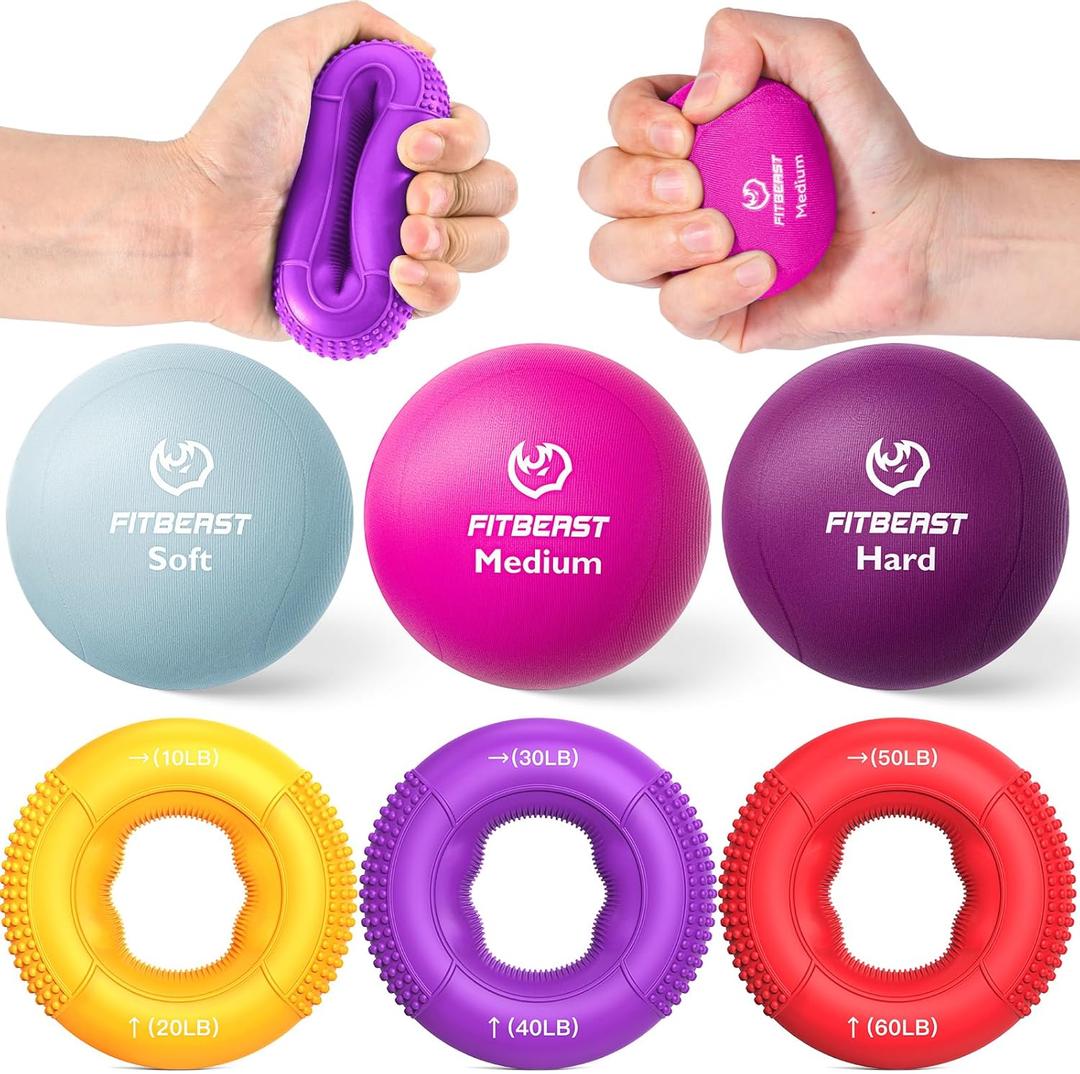 FitBeast Grip Strength Trainer, Finger Exerciser, Stress Balls for Adults 6-Piece Set, Hand Therapy for Strength, Recovery & Stress Relief, Forearm Strengthener for Men, Women & Seniors