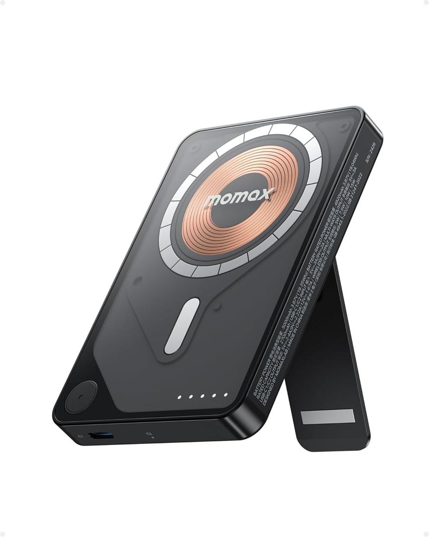 MOMAX Magnetic Power Bank, 5000mAh Wireless Portable Charger, Wired 20W Fast Charging Battery Pack, Compatible with Magsafe, iPhone 15/14/13/12 Series, Built-inUSB C Charging Cable and Stand Included