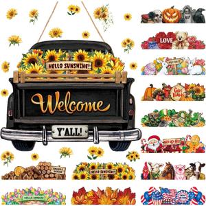 Ferraycle Interchangeable Welcome Sign Summer Truck Decor Seasonal Hanging Sign Farmhouse Rustic Holiday Door Signs with 12 Holiday Icons for Summer Independence Day