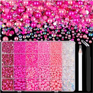 14000PCS Flatback Pearls and Pink Rhinestones for Bedazzling Kit (Hot Pink) | Mixed Size 3-10mm Resin Rhinestones and Half Pearls for Crafting, Nail Art Crafts Grad Cap Decoration