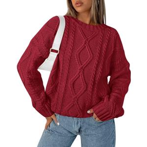 BTFBM Casual Women Long Sleeve Sweater 2026 Fall Ribbed Knit Pullover Loose Crewneck Cable Sweater Jumper Tops (Small, Wine Red)