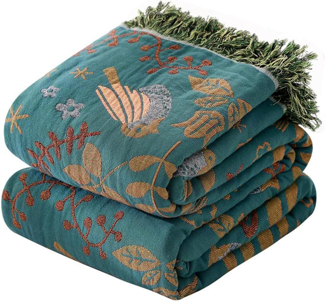 Boho Throw Blanket for Couch Sofa Bed, 100% Cotton Woven Quilt with Tassel 80x90, Super Soft Muslin Blanket with Floral Printed, Decorative Reversible Bed Blanket/Cover for All Seasons