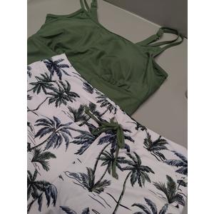Tempt Me Two Piece Tankini Swimsuits for Women Tummy Control Bathing Suit with Shorts Athletic Two Side Pockets Swimwear (Large, Green Leaves)