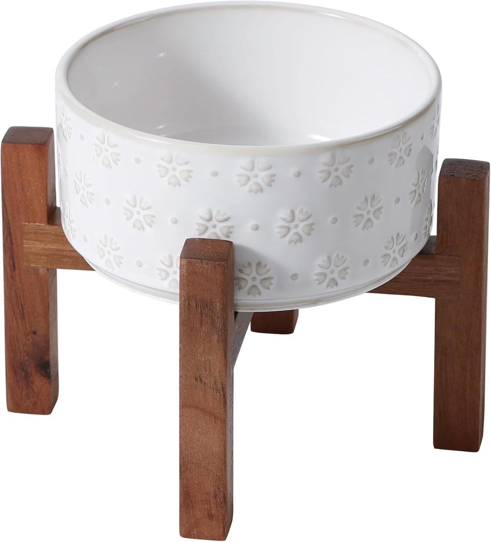Ceramic 6.1inch Raised Dog and Cat Bowl Set, 2 Heights Elevated with Acacia Wood Stand, Food and Water Bowl for Small Breed Dogs, Weighted Dog Dishes(27oz, Arctic White) (3.4CUPS)