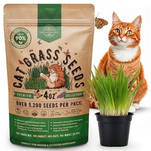 Cat Grass Seeds Mix - 5,200 Non-GMO Heirloom Seeds for Cats & Pets, 4 oz Pack for Growing Fresh Barley, Oat, Rye & Wheat Grass Seeds for Planting, Indoor Plants for Pets, Hairball Remedy for Cats