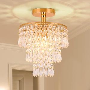 FRIXCHUR Mini Size Crystal Chandelier Modern Flush Mount Ceiling Light 3 Tiers Raindrops Crystal Pendant Lighting Fixture Decoration for Bedroom Hallway Living Room,E26 Base,Gold