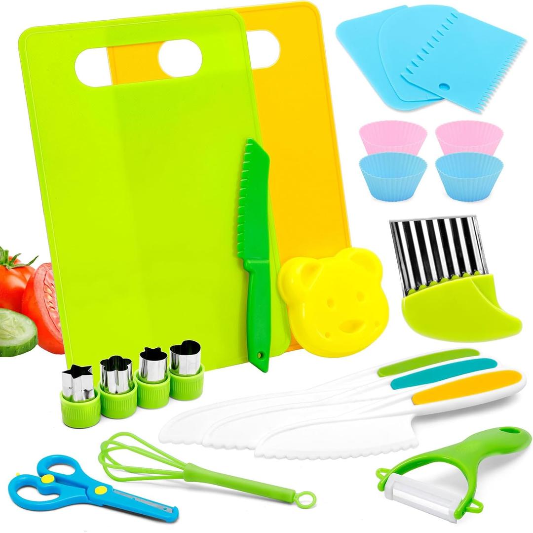 Brzmio 23 PCS Montessori Kitchen Tools and Safe Cooking Sets for Toddlers – Explore Real Cooking with Toddler-Friendly Plastic Knives, Crinkle Cutter, and Cutting Board