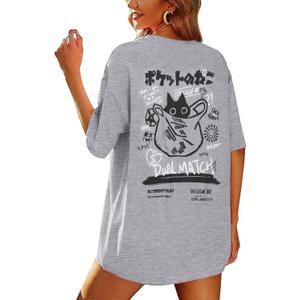 Womens Vintage Graphic Tee Shirt Cat Print Short Sleeve Loose Tunic Tops Gothic Oversized Punk Baggy Shirts (Gray, XL)
