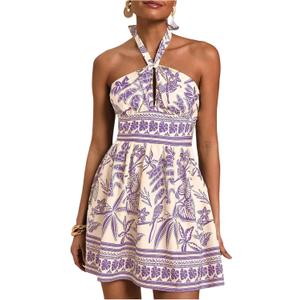 SOLY HUX Tropical Vacation Dress for Women Halter Tie Backless Sundress Sleeveless A Line Short Summer Dresses (Medium)