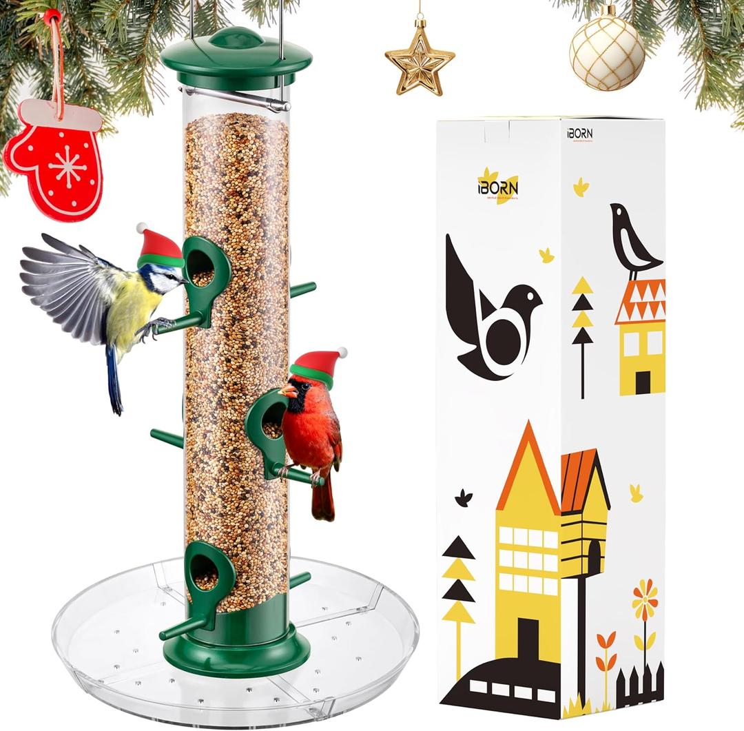 iBorn Bird Feeders Seed Catcher for Outside Hanging 6 Port Bird Feeder for Cardinal Birds Aluminium Metal,Green Finishing 14 Inch 6 Port (Seed is not Included)