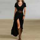 Women's Black Spaghetti Strap V Neck High Slit Bodycon Western Maxi Dress Party Cocktail Gown(No Belt), S