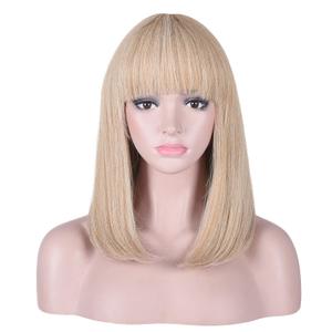 15 Inch Short Straight Blonde Highlights Bob Wig with Bangs | Natural Heat Resistant Synthetic Hair Wigs for Women