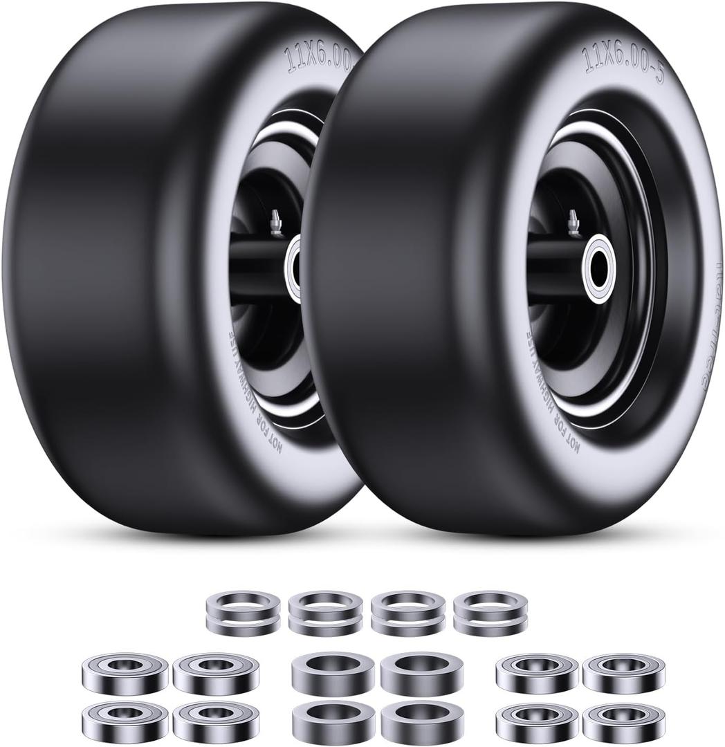 Lawn Mower Tires 11x6.00-5 (2-Pack), Flat Free Solid Smooth Tread, Front Tire Assembly Replacement, Universal Fit for Commercial/Residential Mowers with Adapter Kit, 3/4" Bushing (Black)