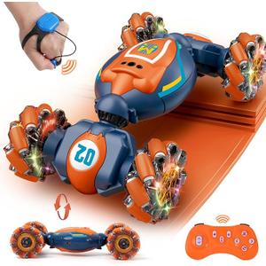 QXHOL Gesture Sensing RC Stunt Car for Boys 6-12, 4WD NO Remote Control Toy With Lights Music, Best Birthday Gift for Kids, 2.4Ghz Hand Control Drift, Blue Orange