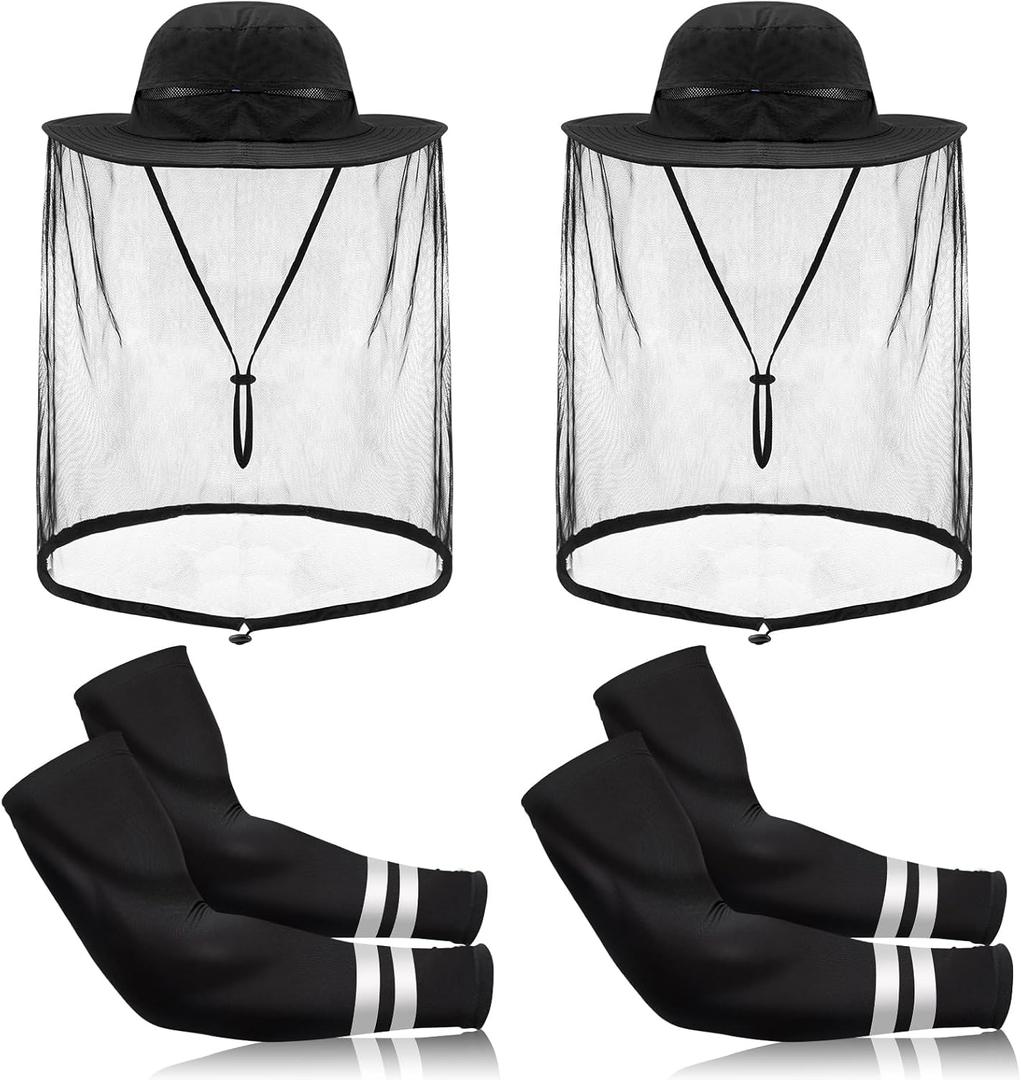 Ramede 4 Pcs Mosquito Net Hat & Arm Sleeve Safari Head Mesh Hat Sun Protection Arm Cover for Fishing Gardening Outdoor(Black) (Black)