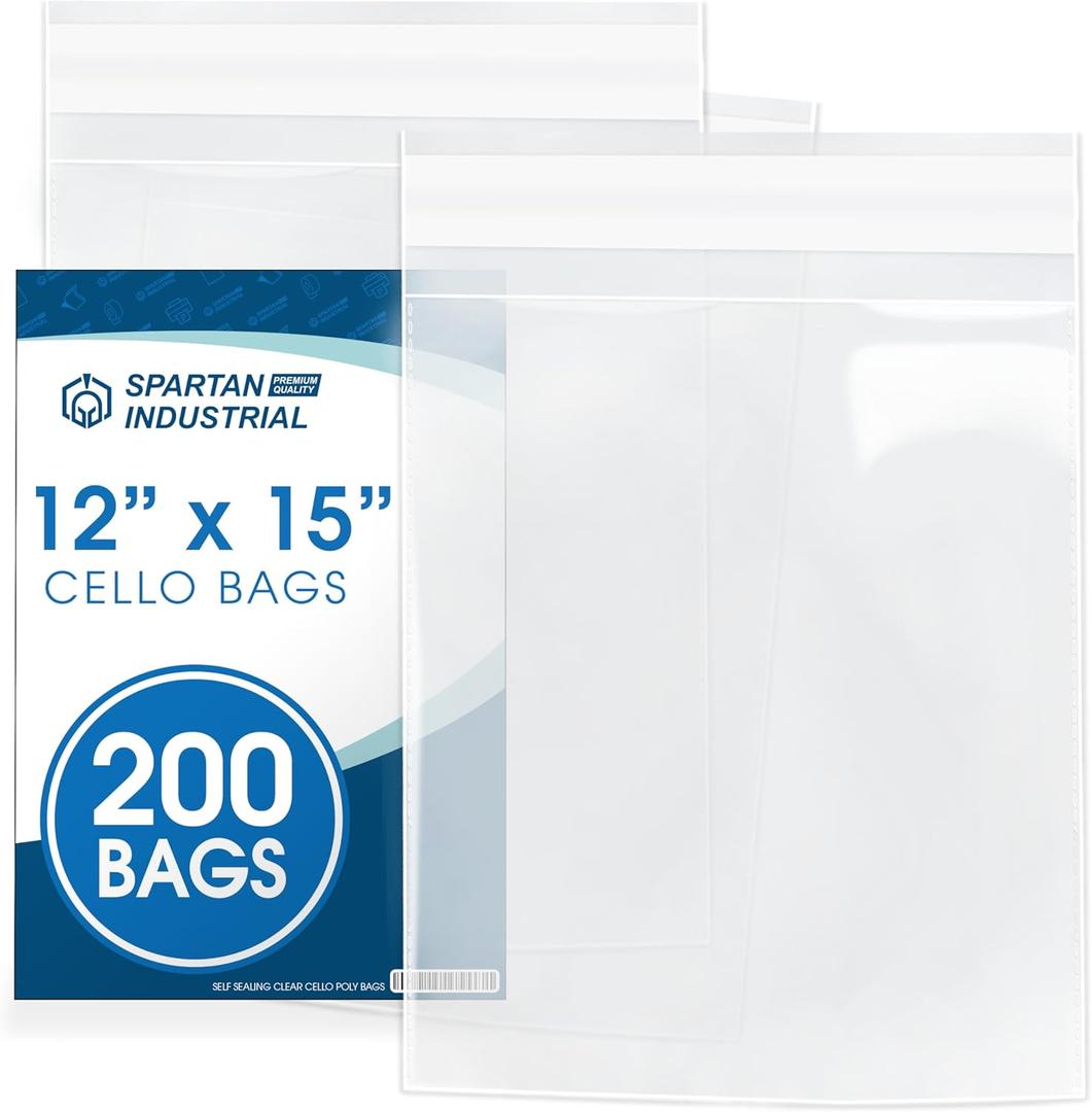 12" X 15" Self-Sealing Cellophane Bags (200 Count) Clear Poly Packaging for Clothing, Prints, Photos, Documents - Reinforced Resealable Cello Bags for Small Business Shipping - Spartan Industrial