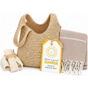 Hahafelt 2 Pcs End of Year Teacher Appreciation Gifts Crochet Tote Bag and Turkish Beach Towel for Women Teacher Summer Vacation Gift Beach Mesh Tote Bag Aesthetic Boho Pool Towel Travel Essentials