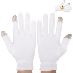 Segbeauty White Cotton Gloves with Touchscreen Fingers, 8pcs Hand Moisturizing Gloves with Elastic Band, 4 Pair Soft Cotton Sleeping Gloves for Dry Hand Overnight, White Gloves for Art Handling Medium