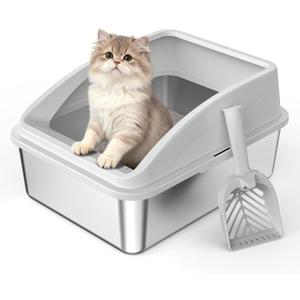 Stainless Steel Litter Box | Metal Kitty Litter Box with Lid High Sided for Small Cats or Injured Cats, Bunny Litter Boxes, Low Entry, Odor-Free, Non-Stick,Includes Scoop (Silver Gray)