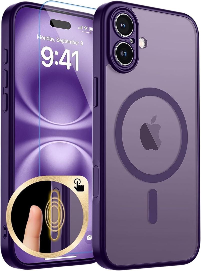 Magnetic for iPhone 16 Plus Case, Upgraded [Camera Control Button] [Full Camera Protection] [with 1 Screen Protector] Translucent Matte Shockproof Protective Phone Cover, Deep Purple