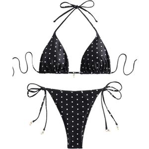 SOLY HUX Women's Polka Dots Print Bathing Suit Halter Triangle Tie Side Bikini Sets Two Piece Swimsuit Black and White Printed Small