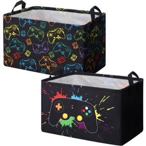 2 Pcs Gamer Laundry Basket Hamper Foldable Rectangle Kids Laundry Baskets Boys Hamper Waterproof Game Joystick Storage Basket Clothes Toys Organizer for Boys Bedroom Gifts