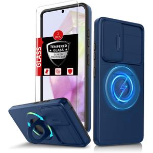 for Samsung Galaxy A35 Case with 2 Screen Protectors,Built-in Slide Camera Cover,with 360Kickstand Ring for A35 Case Shockproof Anti-Scratch Military-Grade Drop Heavy Duty Protection Blue
