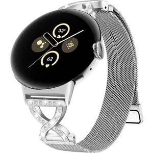 Metal Magnetic Band Compatible with Google Pixel Watch 4/3 41mm,Stainless Steel Dressy Mesh Loop with X-Shape Diamond Women for Google Pixel 4/3/2/1