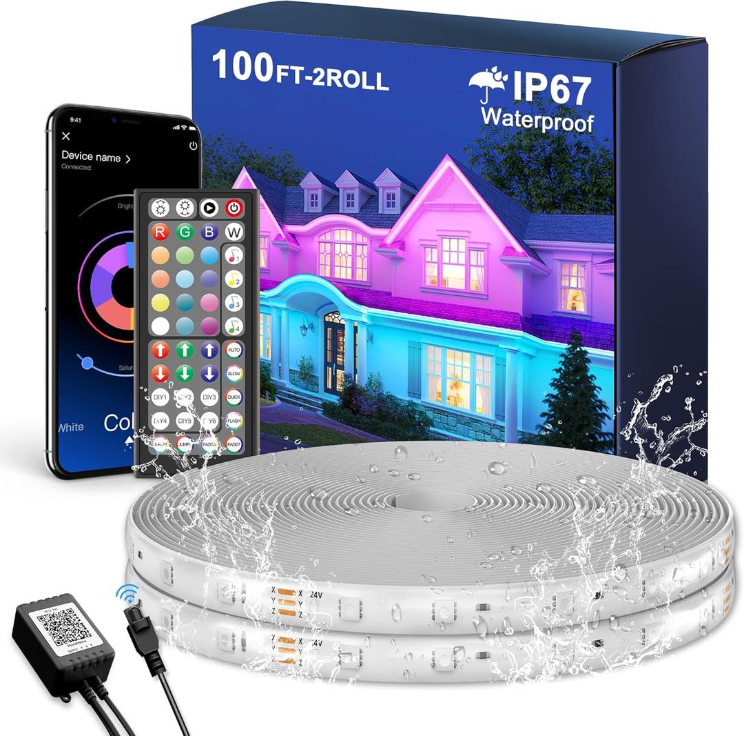Fussion Outdoor LED Strip Lights Waterproof 100FT (2 Rolls of 50ft) IP67 LED Light Strips with Remote, RGB Color Changing Christmas House Rope Lighting for Outside